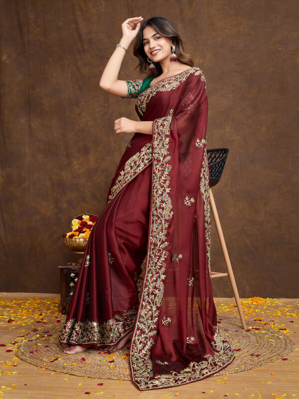 Sofisty Women’s Embroidered Rangoli Silk Sari with Blouse | Ethnic Wear for Special Occasions (Maroon) - Image 5
