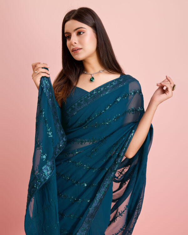 Sofisty Women’s Sequences Embroidery Soft Georgette Lace Border Ready-to-Wear Saree with Blouse Piece - Elegant Festive & Party Wear