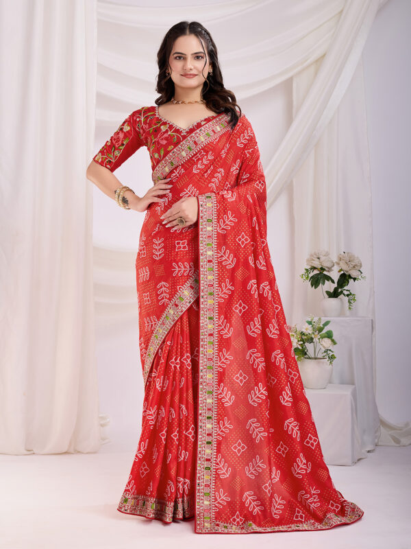 Sofisty Women’s Bandhani Printed Vichitra Silk Saree with Aari Embroidered Lace Border & Unstitched Blouse - Image 2