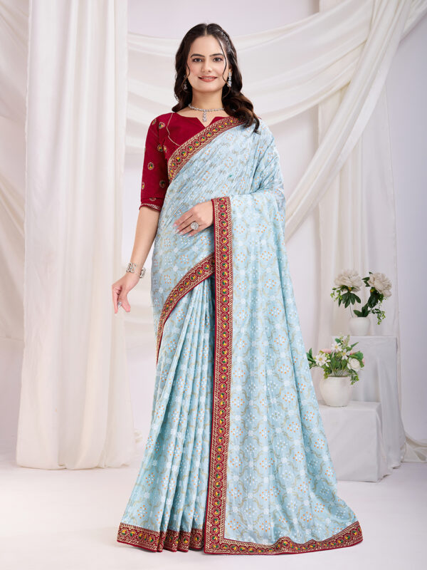 Sofisty Women’s Vichitra Silk Saree | Bandhani Print with Embroidery and Lace Border | Includes Unstitched Blouse Piece - Image 3
