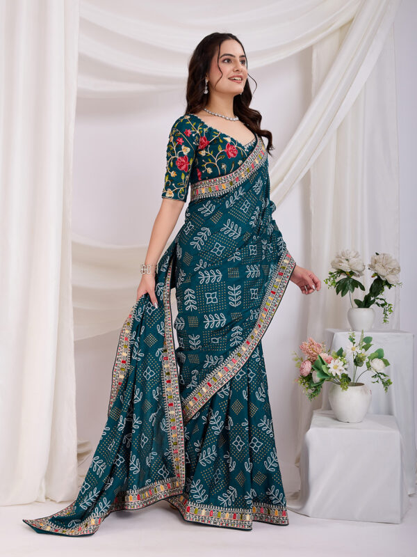 Sofisty Women’s Bandhani Printed Vichitra Silk Saree with Aari Embroidered Lace Border & Unstitched Blouse - Image 3