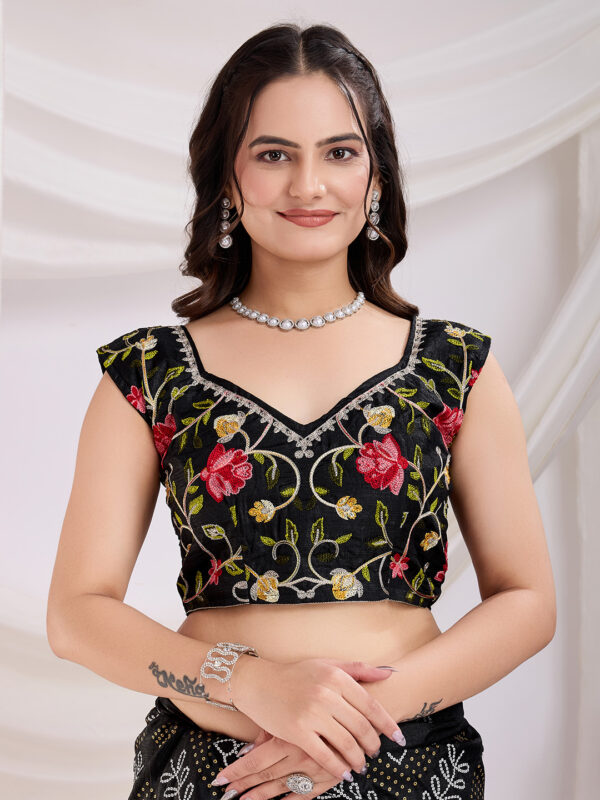 Sofisty Women’s Bandhani Printed Vichitra Silk Saree with Aari Embroidered Lace Border & Unstitched Blouse - Image 4