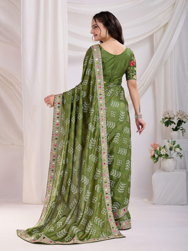 Sofisty Women’s Bandhani Printed Vichitra Silk Saree with Aari Embroidered Lace Border & Unstitched Blouse - Image 5