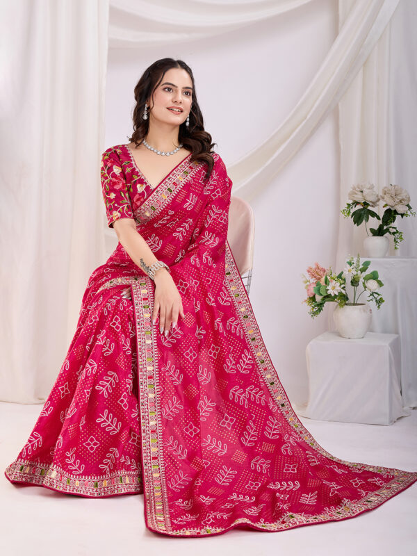 Sofisty Women’s Bandhani Printed Vichitra Silk Saree with Aari Embroidered Lace Border & Unstitched Blouse - Image 6