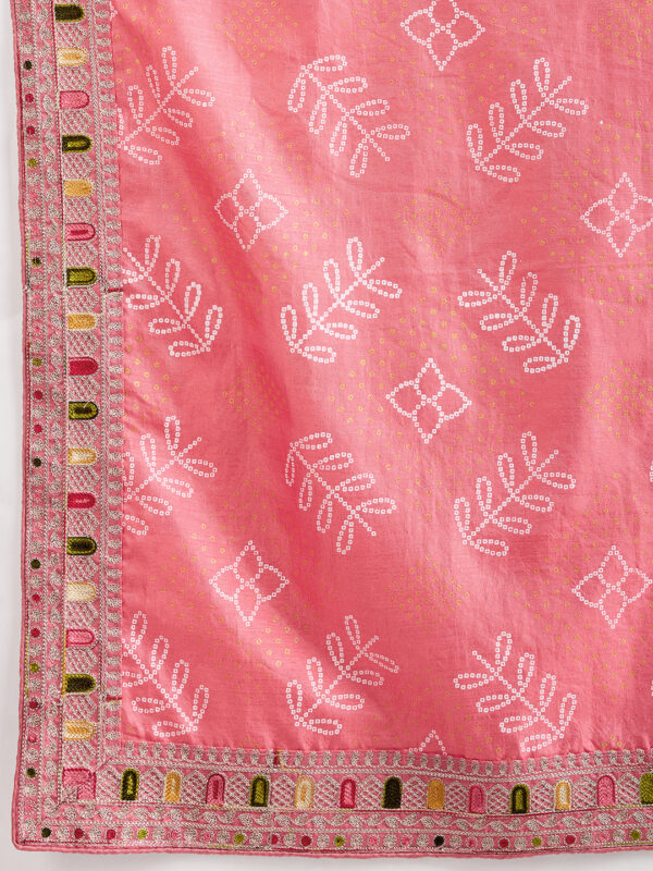 Sofisty Women’s Bandhani Printed Vichitra Silk Saree with Aari Embroidered Lace Border & Unstitched Blouse - Image 7