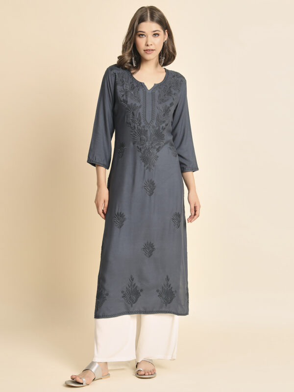 Women's Straight Rayon Fabric with Calf Length V Neck Chikankari-Lucknowi Embroidered Work Kurta