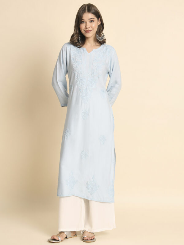 Women's Straight Rayon Fabric with Calf Length V Neck Chikankari-Lucknowi Embroidered Work Kurta