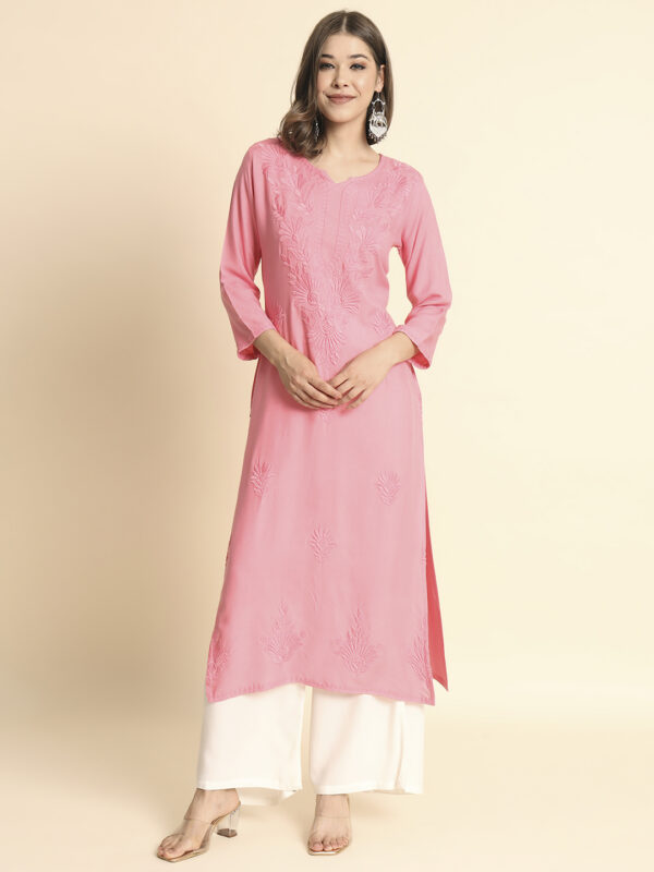 Women's Straight Rayon Fabric with Calf Length V Neck Chikankari-Lucknowi Embroidered Work Kurta
