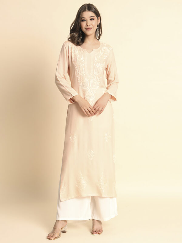 Women's Straight Rayon Fabric with Calf Length V Neck Chikankari-Lucknowi Embroidered Work Kurta