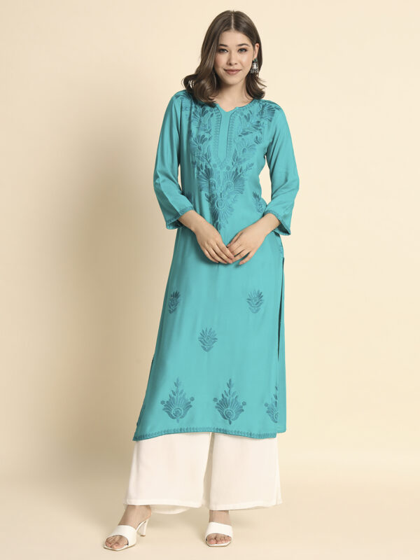 Women's Straight Rayon Fabric with Calf Length V Neck Chikankari-Lucknowi Embroidered Work Kurta