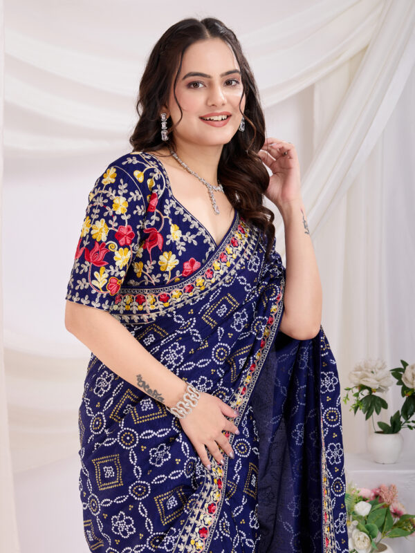 Sofisty Women’s Vichitra Silk Saree | Bandhani Print with Embroidery and Lace Border