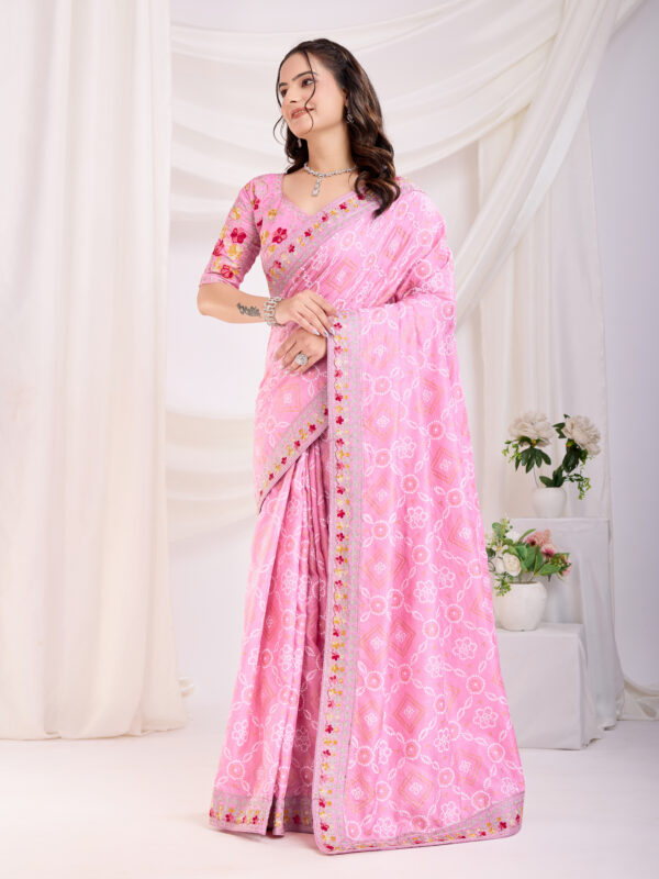 Sofisty Women’s Bandhani Printed Vichitra Silk Saree with Embroidered Lace Border & Unstitched Blouse - Image 2