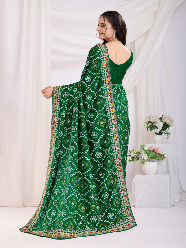 Sofisty Women’s Bandhani Printed Vichitra Silk Saree with Embroidered Lace Border & Unstitched Blouse - Image 3