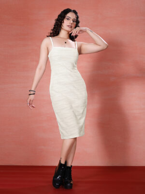 Sofisty Women’s Elegant Textured Bodycon Midi Dress with Spaghetti Straps | Evening & Party Wear