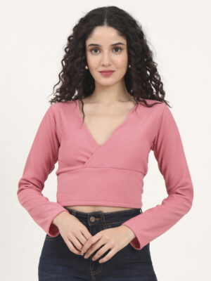Sofisty Women’s Ribbed V-Neck Wrap Crop Top – Stylish Slim Fit with Long Sleeves