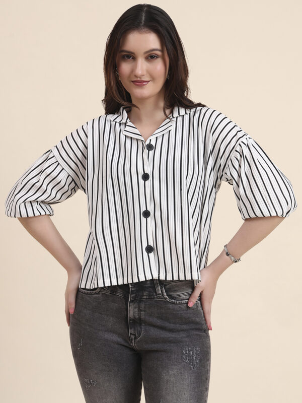 Sofisty Women’s Black & White Textured Striped Crop Shirt | Trendy Half Sleeve Button-Down Top - Image 2