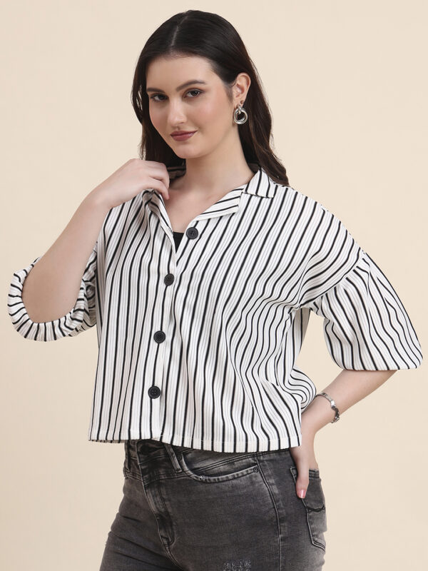 Sofisty Women’s Black & White Textured Striped Crop Shirt | Trendy Half Sleeve Button-Down Top - Image 3