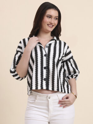 Sofisty Women’s Black & White Textured Striped Crop Shirt | Trendy Half Sleeve Button-Down Top