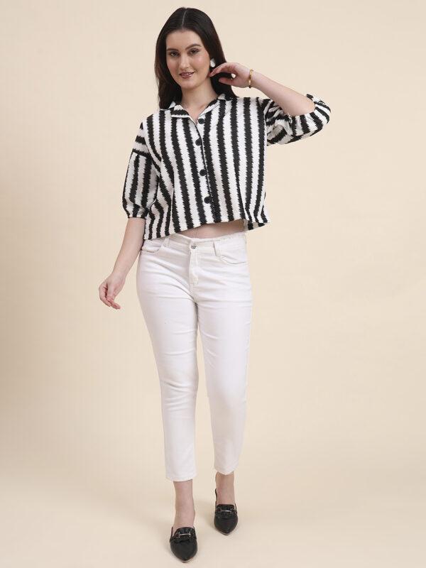 Sofisty Women’s Black & White Textured Striped Crop Shirt | Trendy Half Sleeve Button-Down Top - Image 8