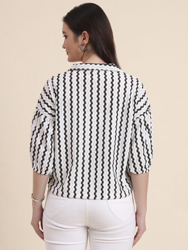 Sofisty Women’s Black & White Textured Striped Crop Shirt | Trendy Half Sleeve Button-Down Top - Image 5