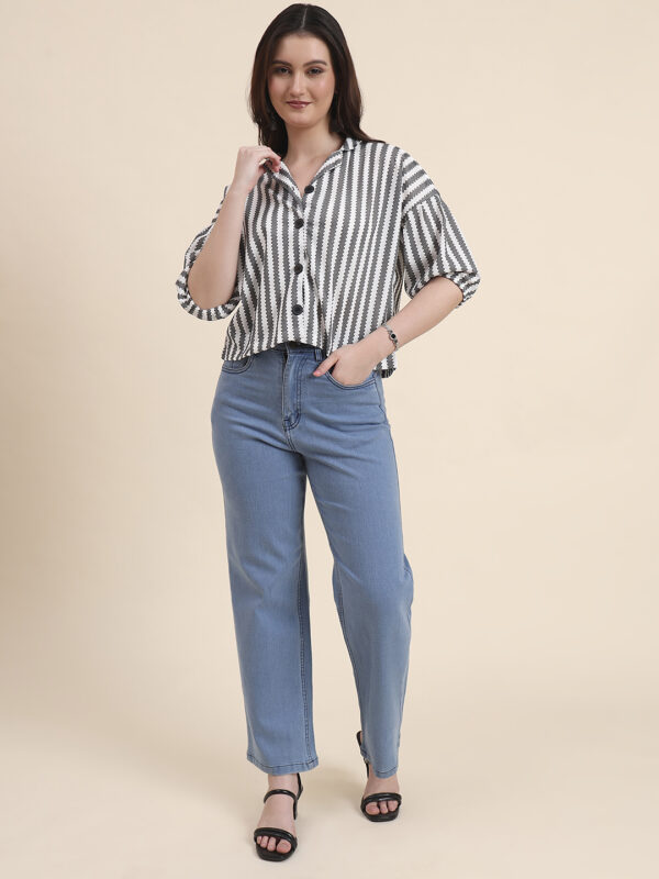 Sofisty Women’s Black & White Textured Striped Crop Shirt | Trendy Half Sleeve Button-Down Top - Image 7