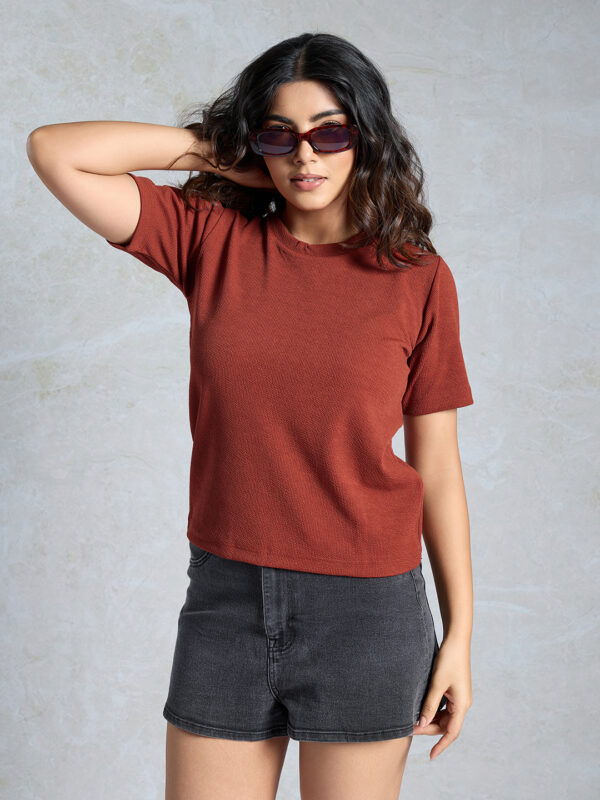 Sofisty Women’s Solid Ribbed Round Neck T-Shirt – Slim Fit Half Sleeve Stretchable Top for Casual Wear & Daily Outfits - Image 2