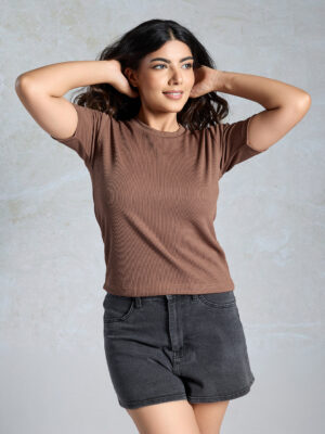 Sofisty Women’s Solid Ribbed Round Neck T-Shirt – Slim Fit Half Sleeve Stretchable Top for Casual Wear & Daily Outfits