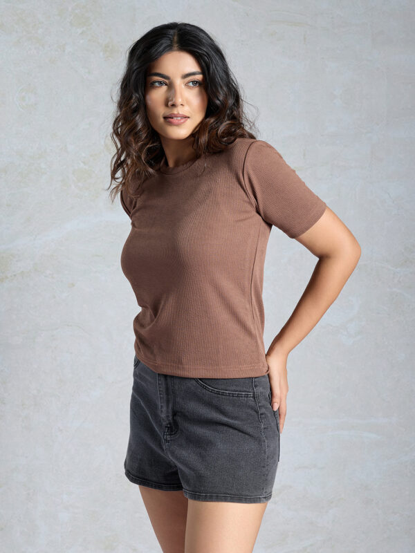 Sofisty Women’s Solid Ribbed Round Neck T-Shirt – Slim Fit Half Sleeve Stretchable Top for Casual Wear & Daily Outfits - Image 4