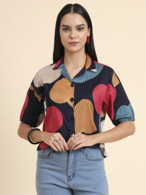 Sofisty Women's Multicolor Abstract Printed Crepe Shirt Top – Stylish Button-Down for Casual Outings